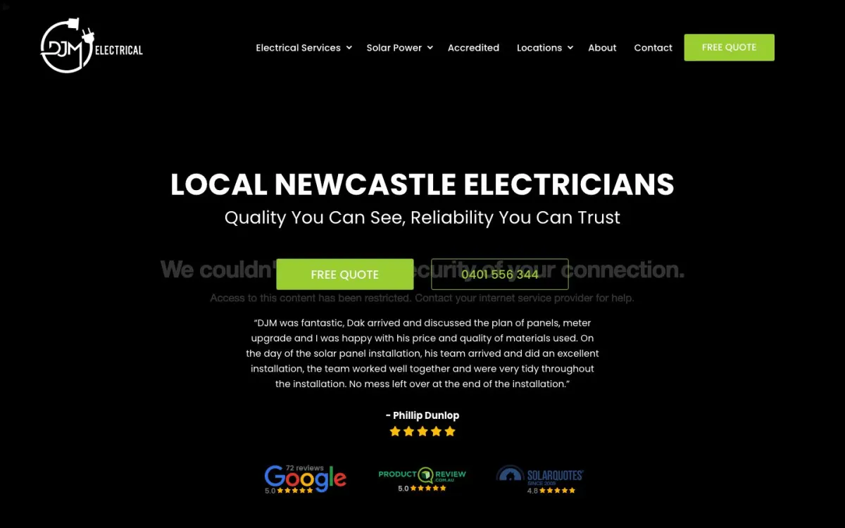DJM Electrical NSW website after the Black Lion Digital rebuild