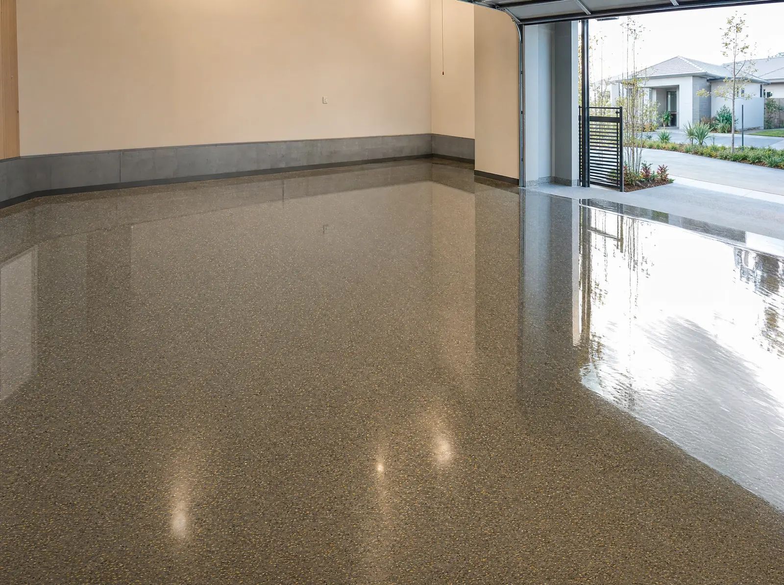A freshly coated epoxy garage floor with a mirror-like finish