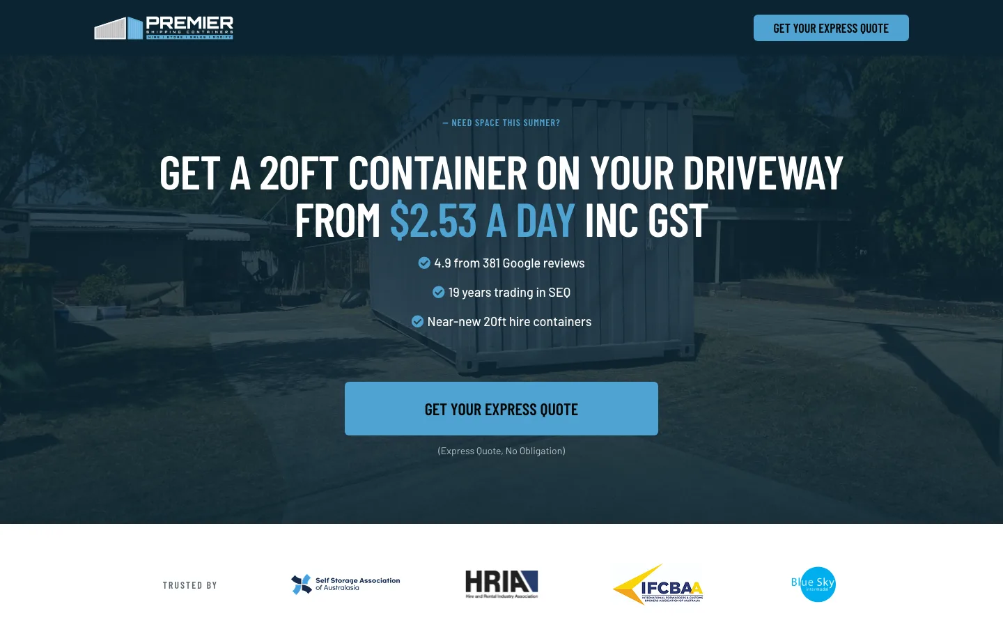 The Premier Shipping Containers landing page, hero