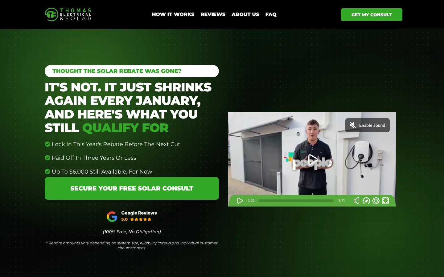 The Thomas Electrical and Solar landing page, hero